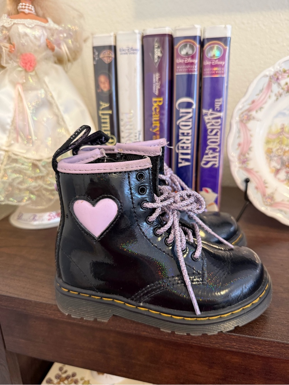 Dr. Martens Black Patent Kids Boots with Pink Heart and Pink Trim